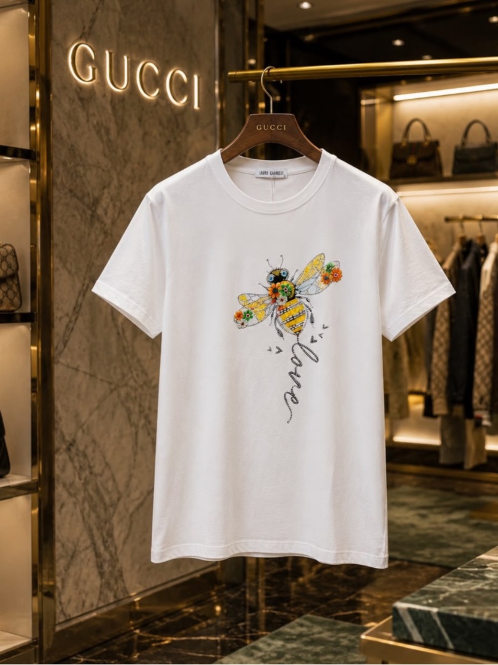ShopEvelynne White Bee Graphic Tee with Yellow and Green Accents